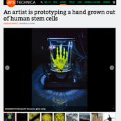 An artist is prototyping a hand grown out of human stem cells